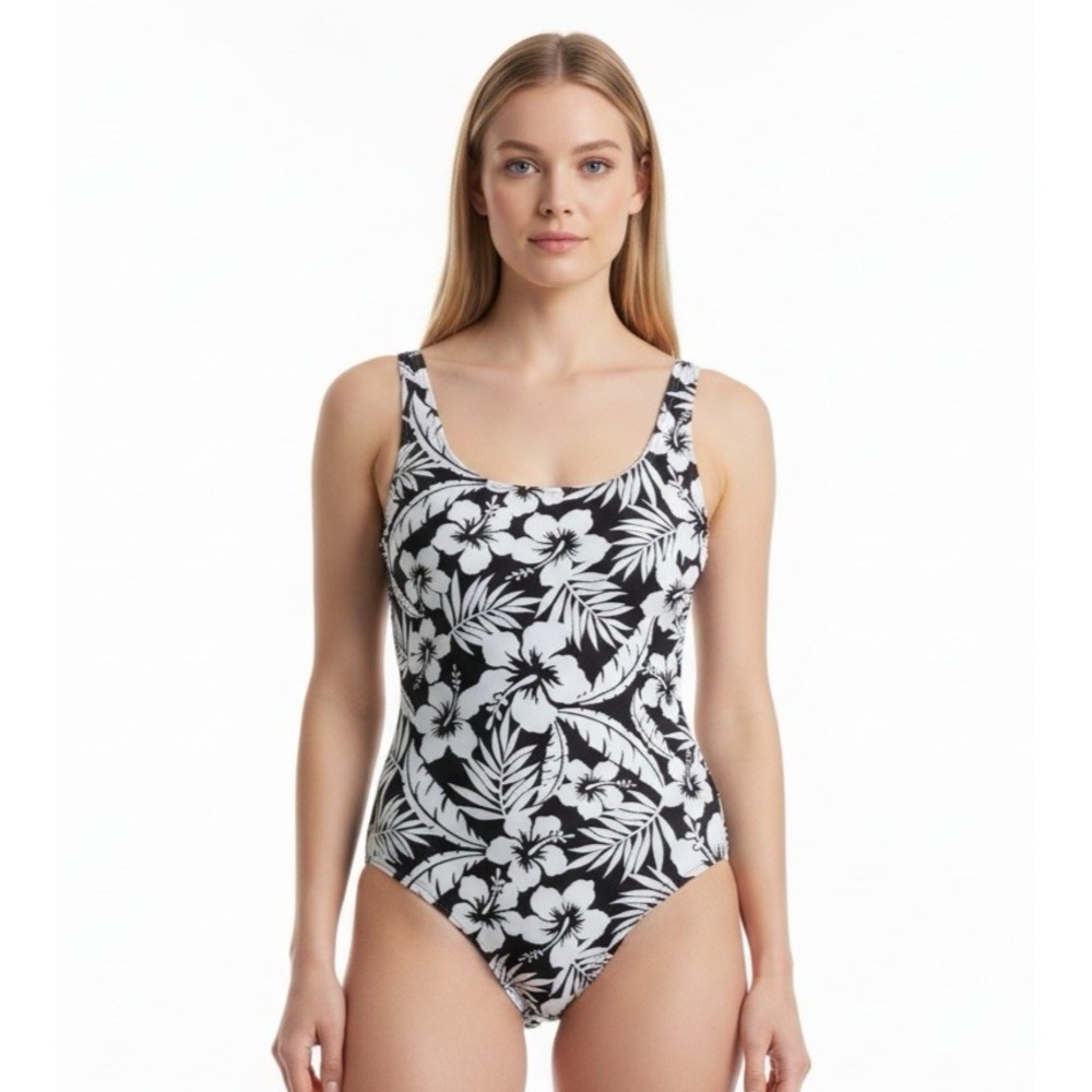 Lands' End Women's S (6-8) 1-Piece Swimsuit Full Coverage B&W Tropical NEW